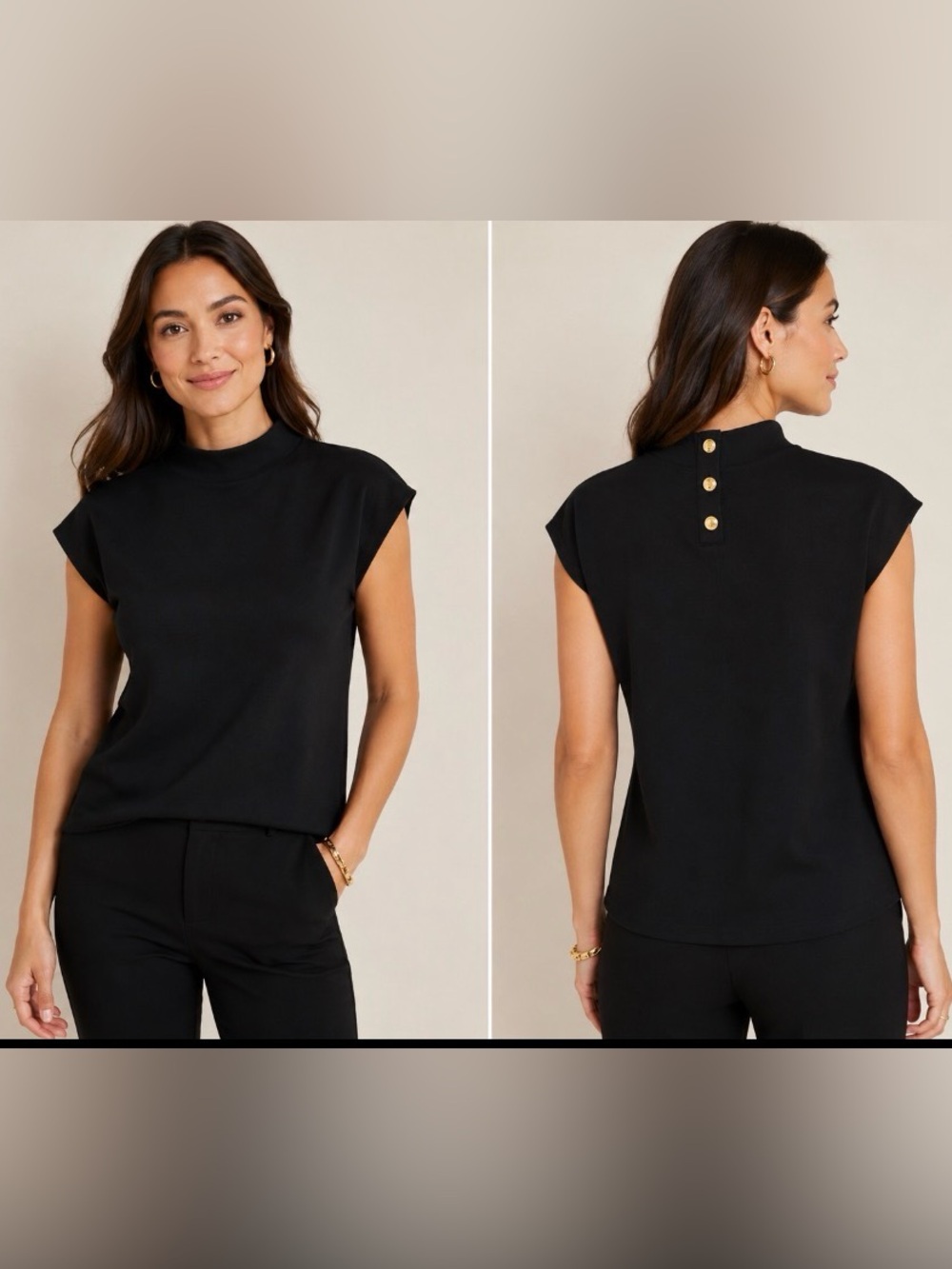 NWT Talbots Petite Mock Neck Knit Top Black Gold Button Detail PS